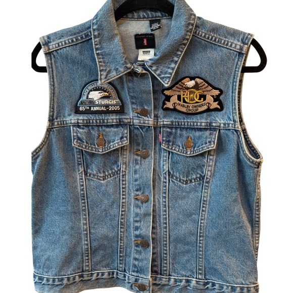 Vintage Levis‎ Womens Denim Vest Size L Harley Sturgis 2005 Biker Patches - Picture 2 of 11